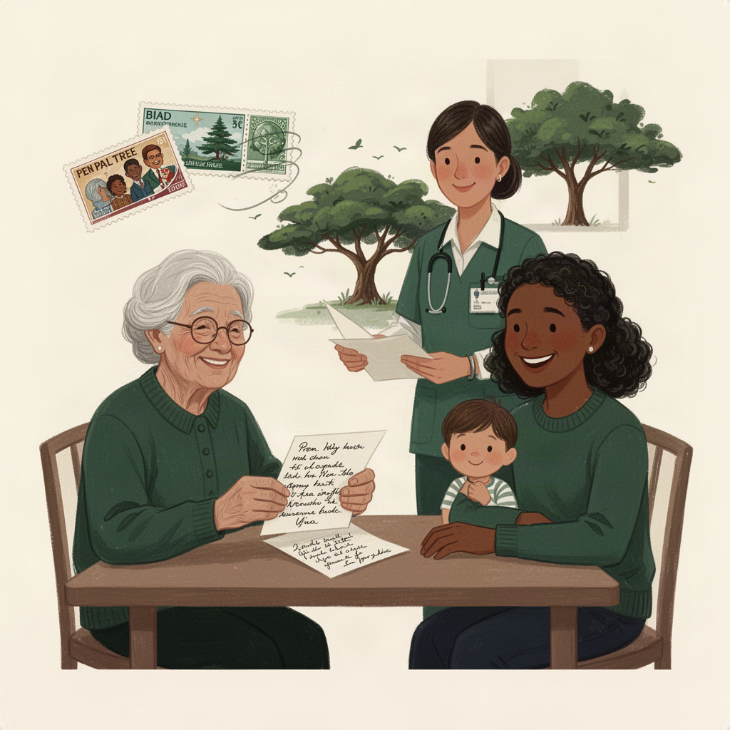 An older adult and younger visitor connecting through a handwritten letter